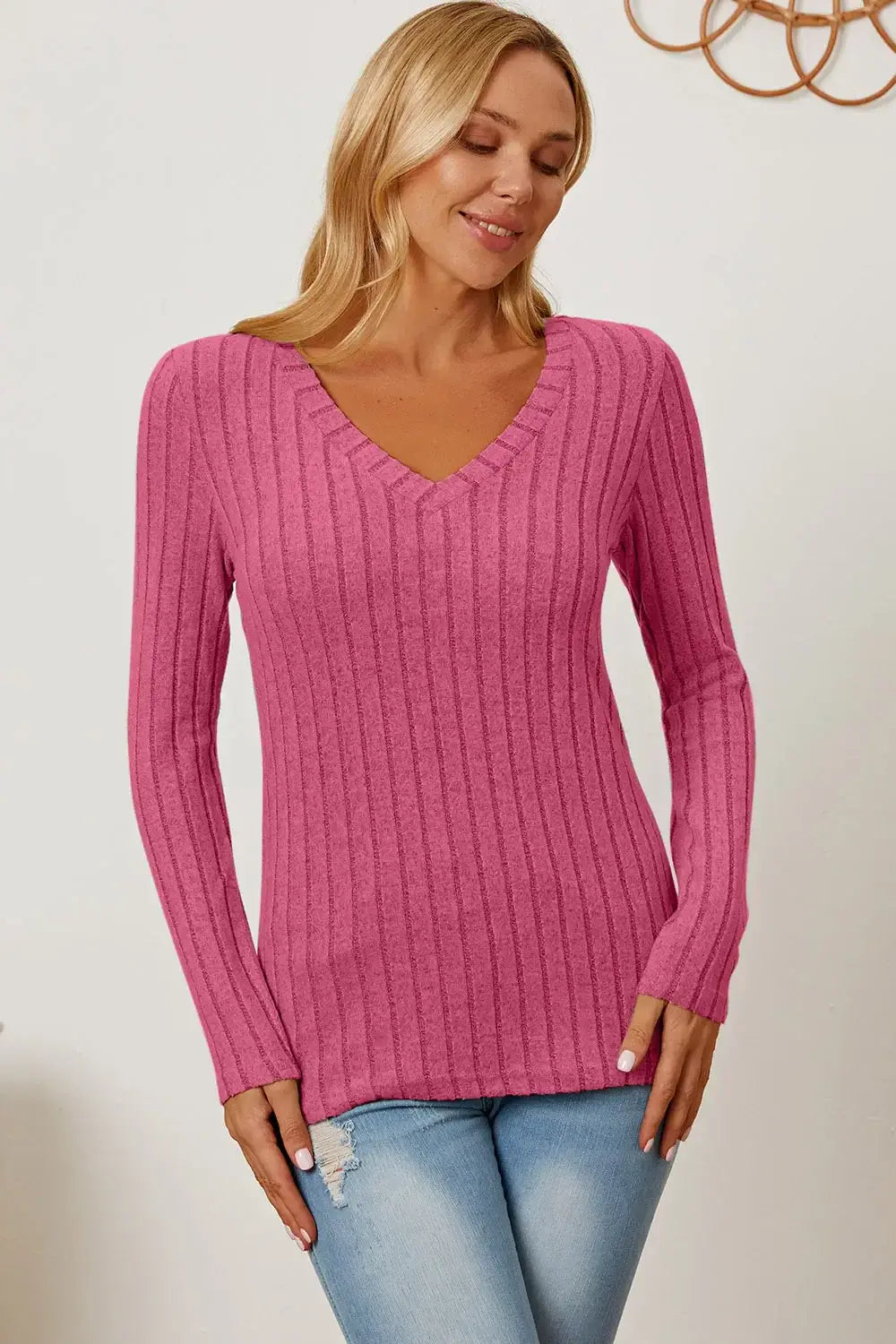 Basic Bae Full Size Ribbed V-Neck Long Sleeve T-Shirt - ShopBasicbae - Flyclothing LLC
