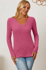 Basic Bae Full Size Ribbed V-Neck Long Sleeve T-Shirt - ShopBasicbae - Flyclothing LLC