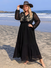 Plus Size Embroidered Tie Neck Long Sleeve Dress - Trendsi