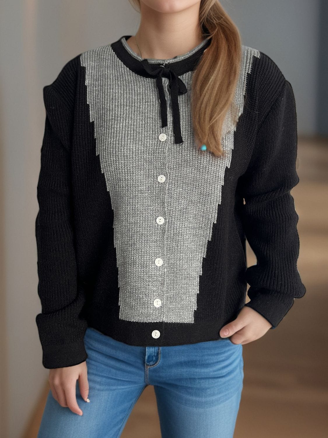 Contrast Button Down Long Sleeve Cardigan - Trendsi