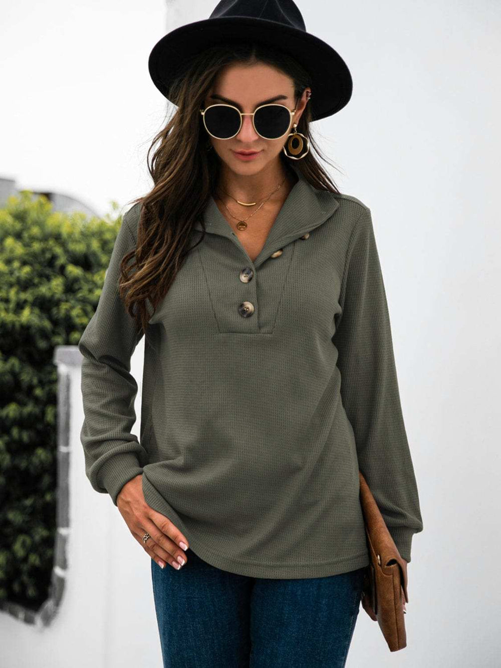Half Button Long Sleeve T-Shirt - Trendsi - Flyclothing LLC