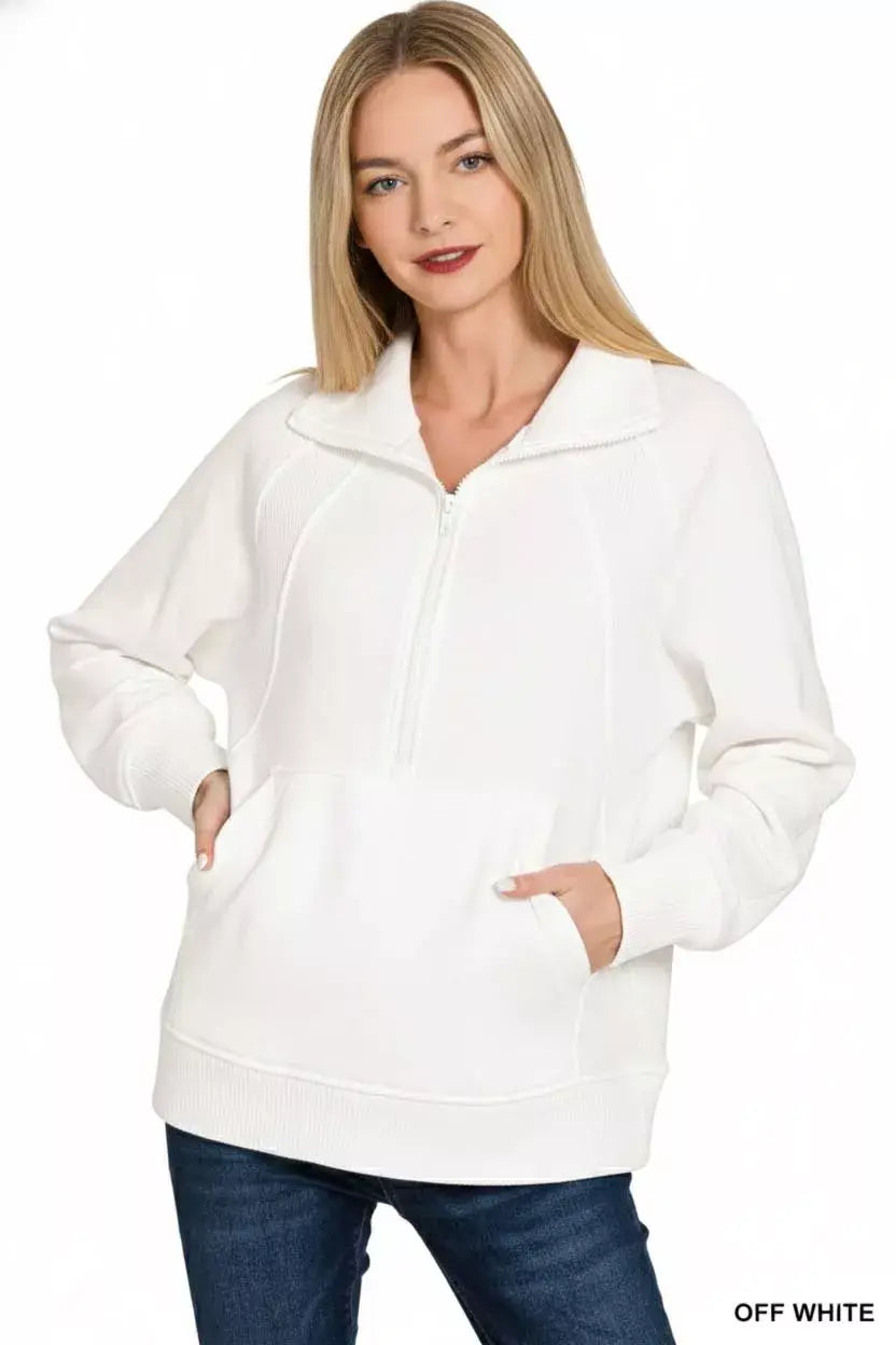 Zenana Half Zip Fleece Sweatshirt with kangaroo Pocket - Trendsi - Flyclothing LLC