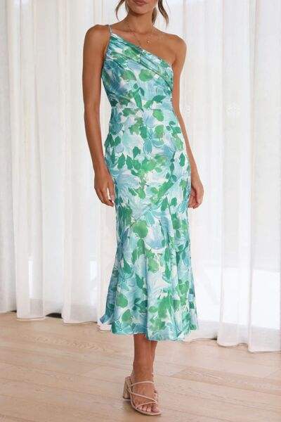 Ruched Printed Single Shoulder Midi Dress - Trendsi - Flyclothing LLC