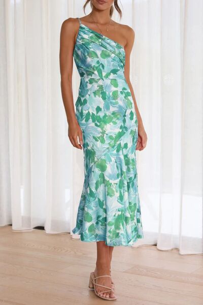 Ruched Printed Single Shoulder Midi Dress - Trendsi