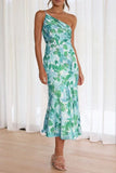 Ruched Printed Single Shoulder Midi Dress - Trendsi