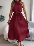 Pleated Tie Waist Sleeveless Midi Dress - Trendsi - Flyclothing LLC