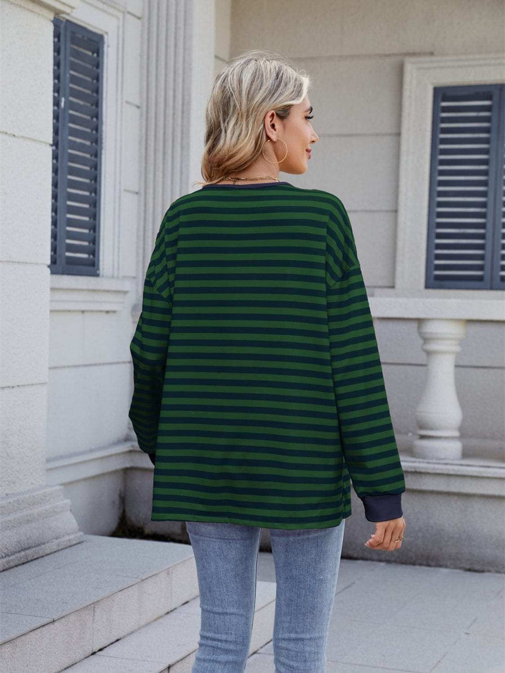 Lace-Up Striped Long Sleeve T-Shirt - Trendsi - Flyclothing LLC