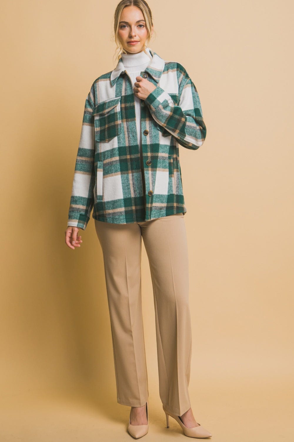 Love Tree Plaid Button Up Shacket - Trendsi