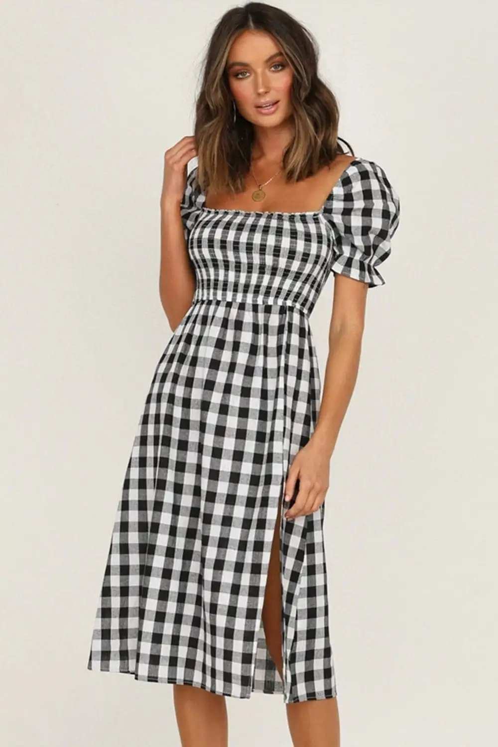 Full Size Slit Plaid Short Sleeve Midi Dress - Trendsi - Flyclothing LLC