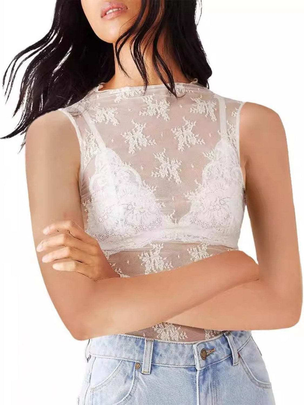Lace Mock Neck Top - Trendsi - Flyclothing LLC