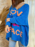 Peace Graphic V-Neck Long Sleeve Sweater - Trendsi