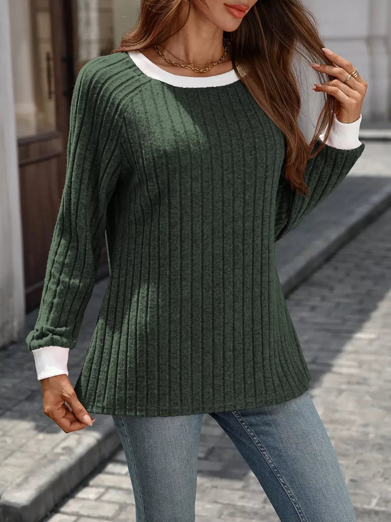 Ribbed Round Neck Raglan Sleeve Knit Top - Trendsi - Flyclothing LLC