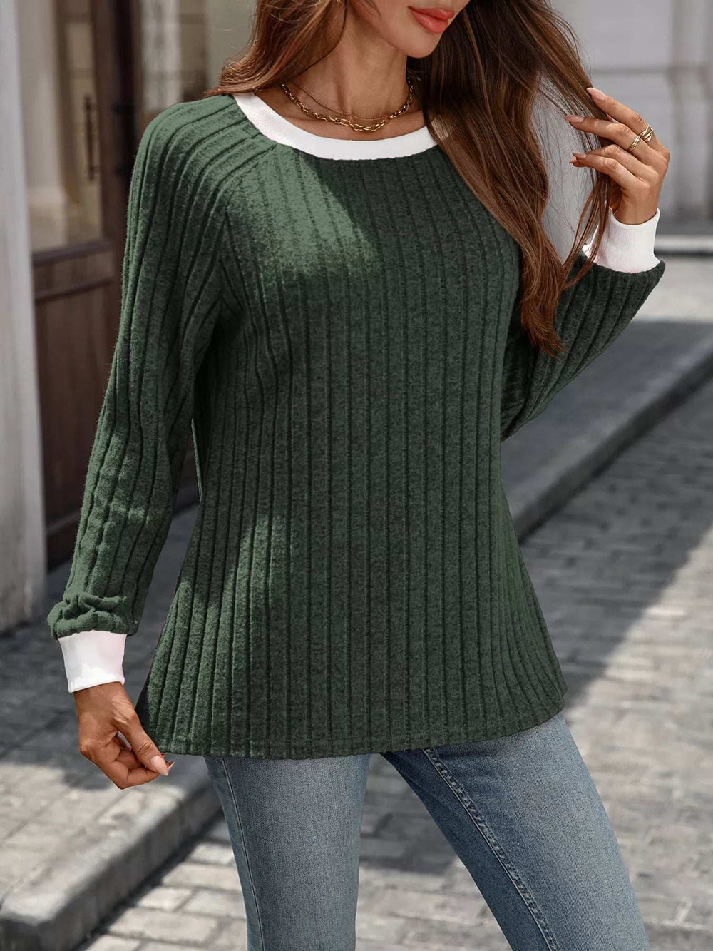 Ribbed Round Neck Raglan Sleeve Knit Top - Trendsi - Flyclothing LLC
