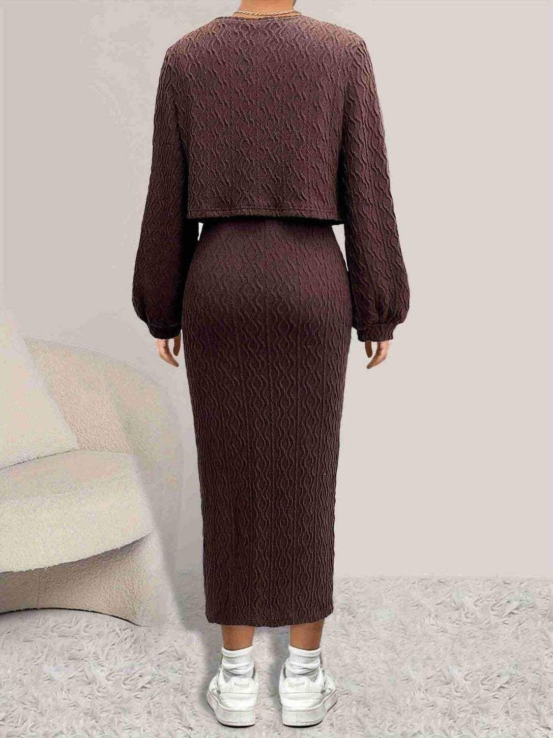 Open Front Long Sleeve Cardigan and Side Slit Cami Dress Set - Trendsi - Flyclothing LLC