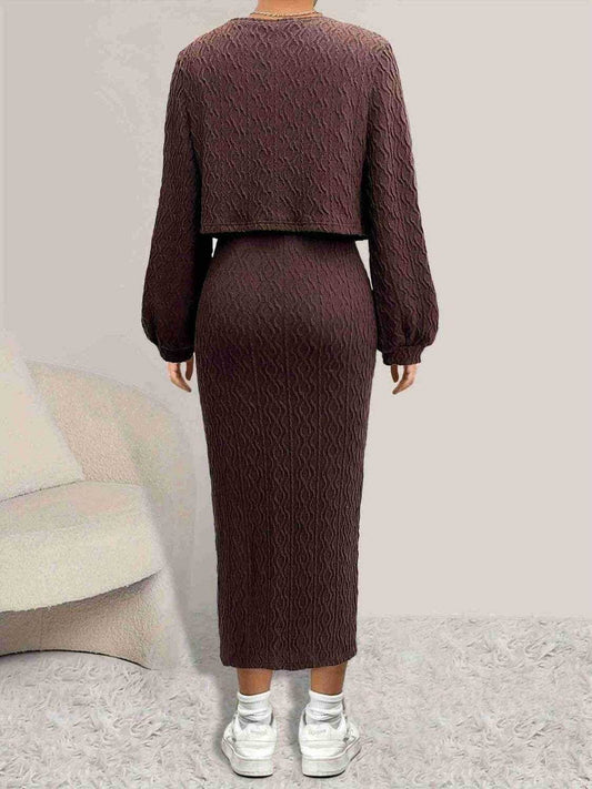 Open Front Long Sleeve Cardigan and Side Slit Cami Dress Set - Trendsi - Flyclothing LLC