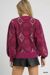 Umgee Boho Patterned Long Sleeve Sweater - Trendsi - Flyclothing LLC