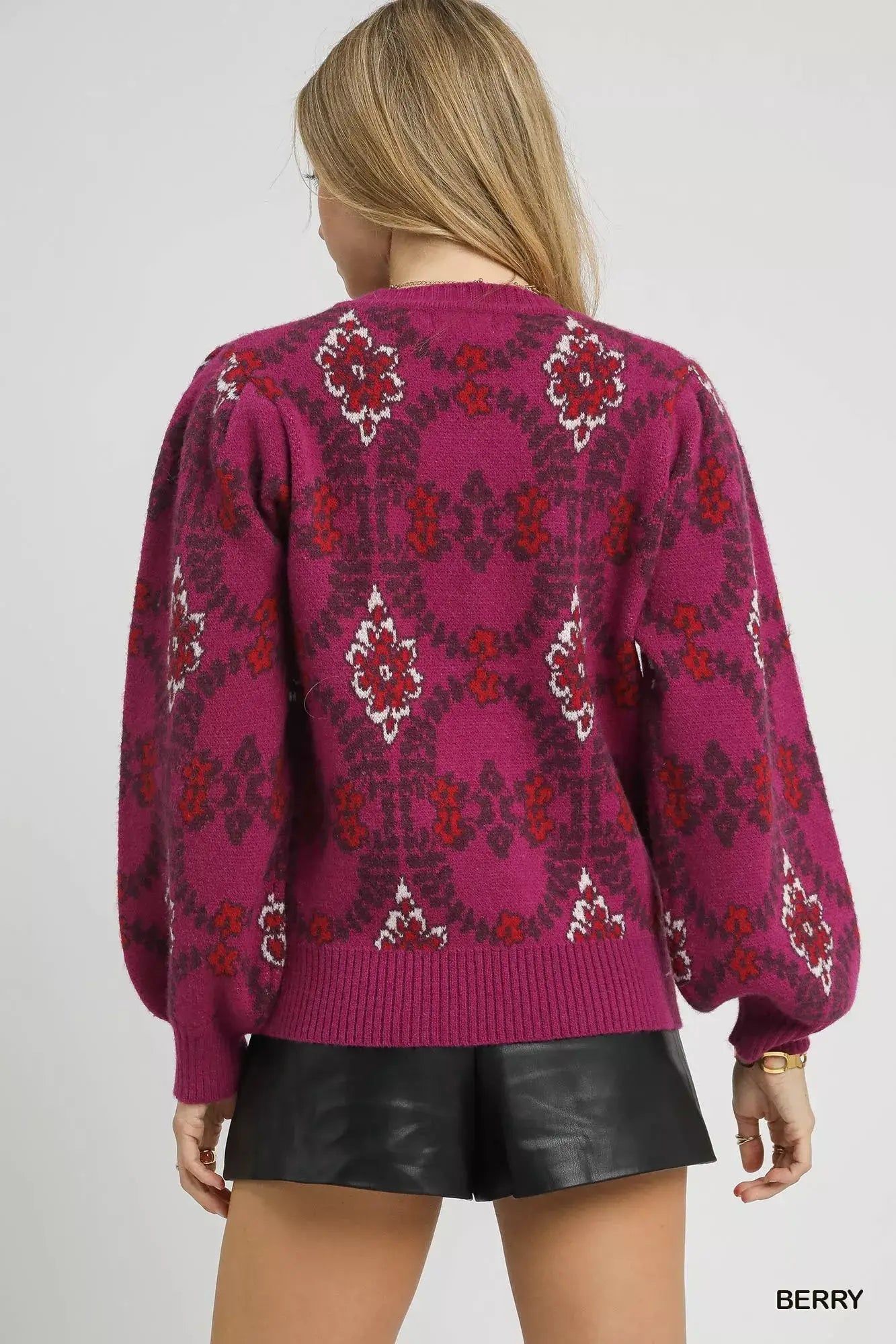 Umgee Boho Patterned Long Sleeve Sweater - Trendsi - Flyclothing LLC