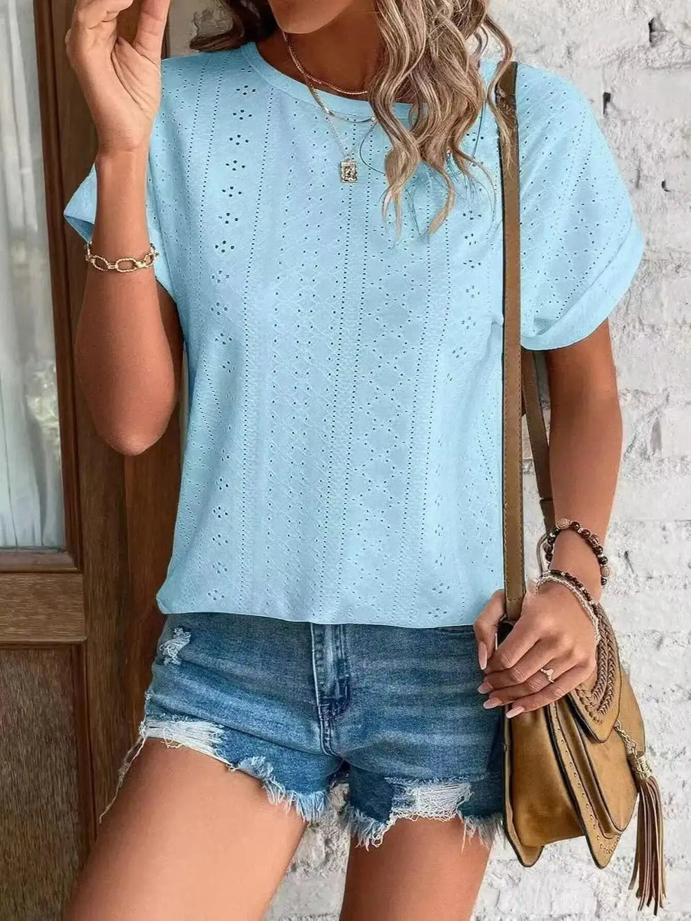 Eyelet Round Neck Short Sleeve Top - Trendsi