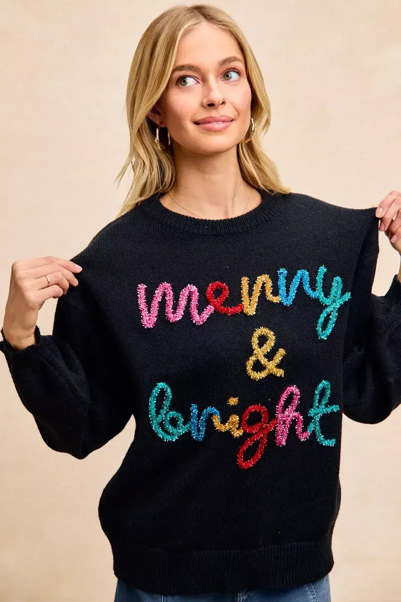 BiBi Tinsel Lettering Christmas Sweater - Trendsi - Flyclothing LLC