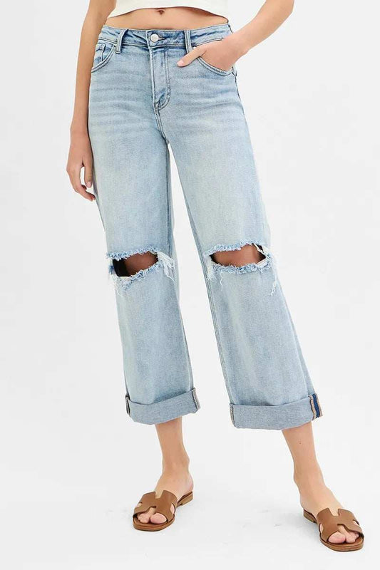 RISEN Full Size Mid Rise Fit Boyfriend Jeans with Cuff Plus Size - Trendsi - Flyclothing LLC