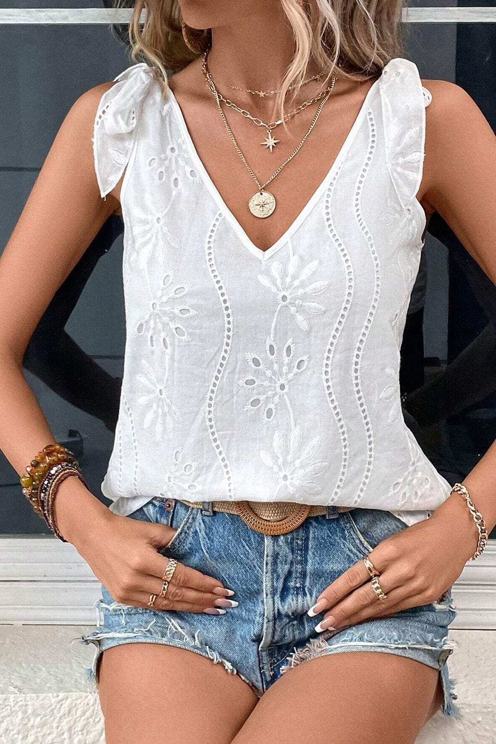 Tie Shoulder V-Neck Tank - Trendsi - Flyclothing LLC