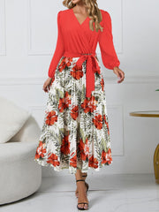 Pleated Printed Surplice Long Sleeve Dress - Trendsi
