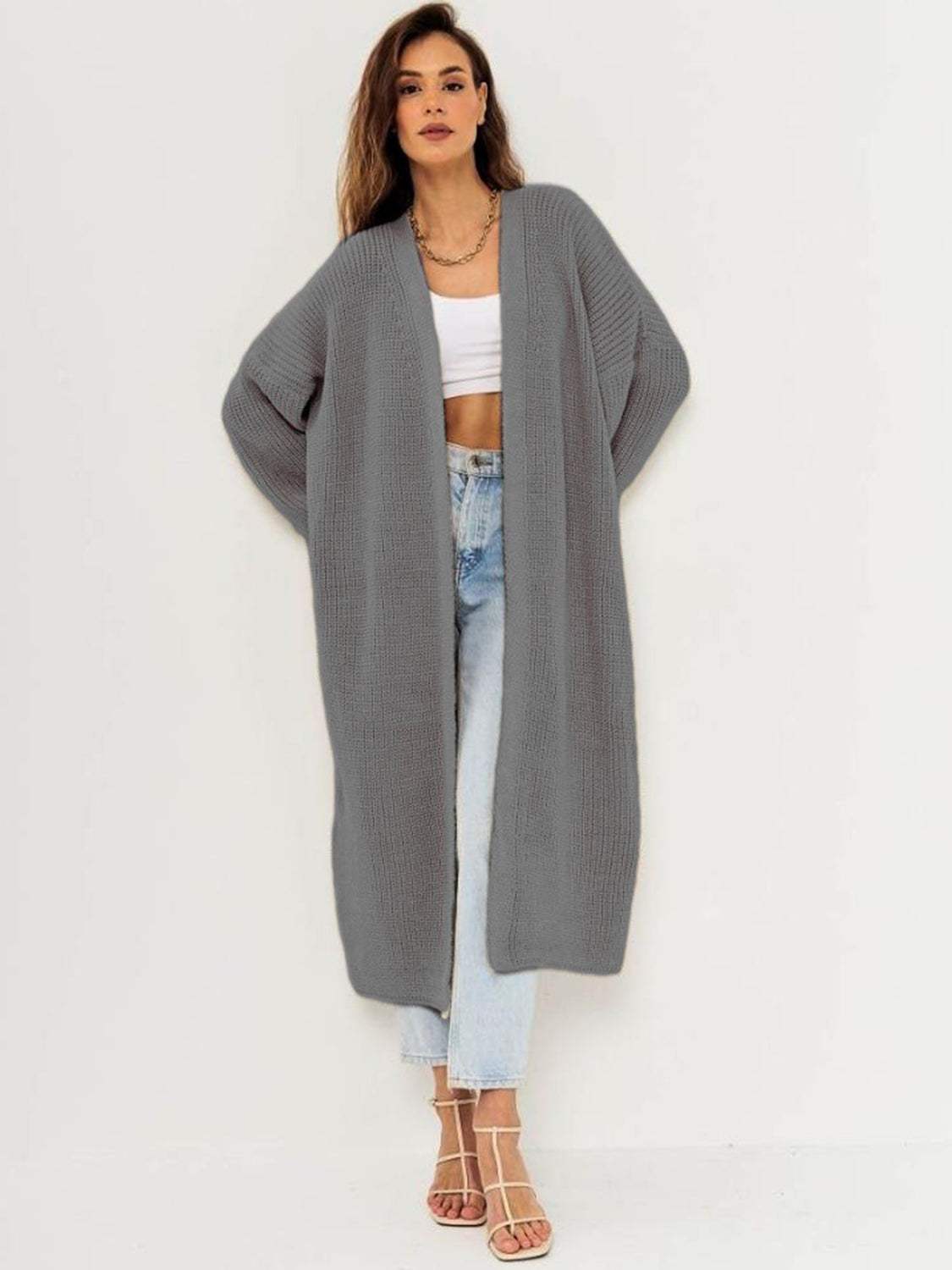 Open Front Long Sleeve Longline Cardigan - Trendsi - Flyclothing LLC