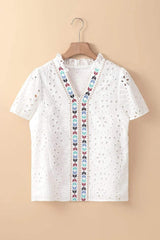 Eyelet Frill Short Sleeve Blouse - Trendsi - Flyclothing LLC