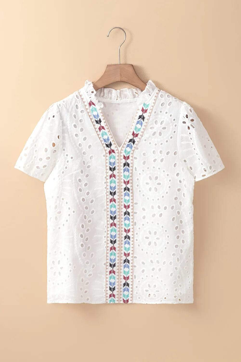 Eyelet Frill Short Sleeve Blouse - Trendsi - Flyclothing LLC