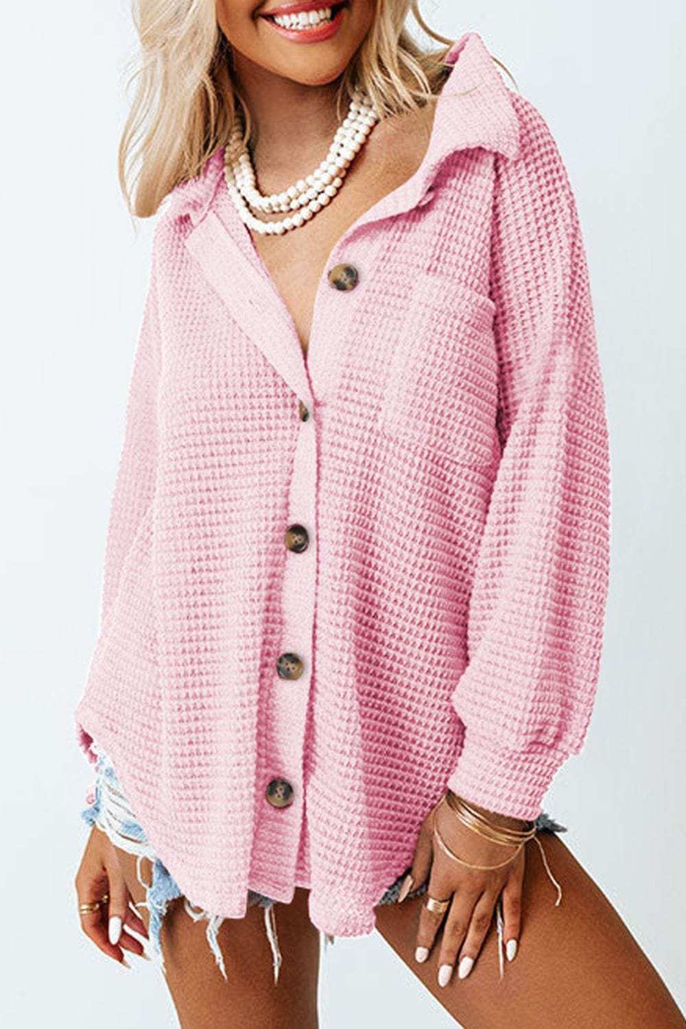 Waffle-Knit Collared Neck Long Sleeve Shirt - Trendsi - Flyclothing LLC