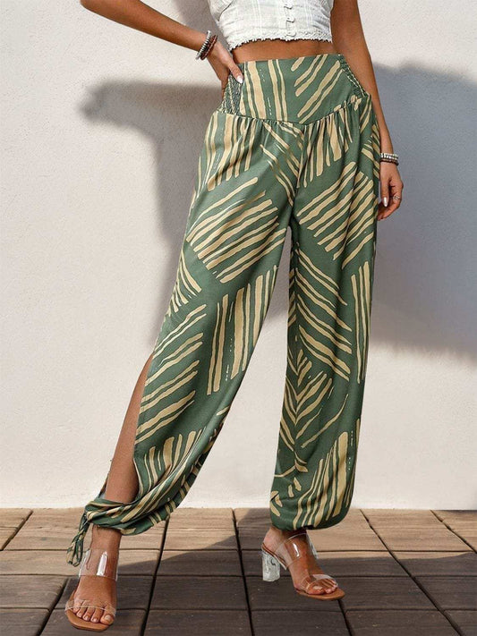 Smocked Slit Printed High Waist Pants - Trendsi - Flyclothing LLC