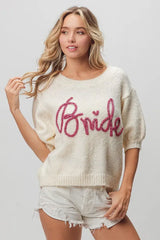 BiBi Metallic Letter Short Puff Sleeve Hairy Sweater - Trendsi - Flyclothing LLC