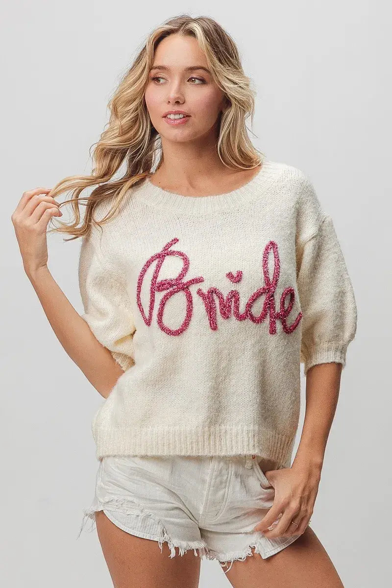 BiBi Metallic Letter Short Puff Sleeve Hairy Sweater - Trendsi - Flyclothing LLC