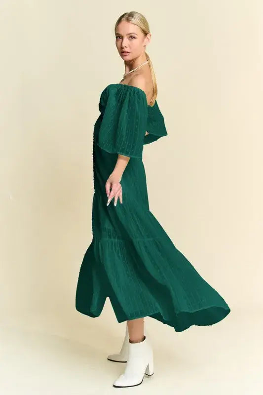 Davi & Dani Swiss Dotted Ruched Ruffle Open Back Midi Dress - Trendsi - Flyclothing LLC