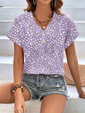Printed V-Neck Short Sleeve Blouse - Trendsi - Flyclothing LLC