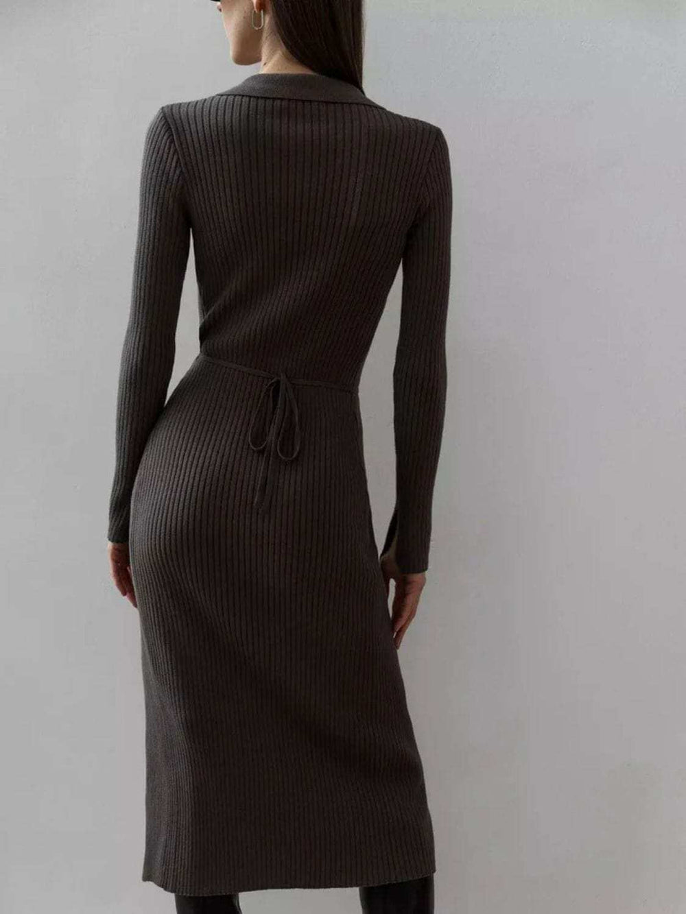 Tied Collared Neck Long Sleeve Sweater Dress - Trendsi - Flyclothing LLC