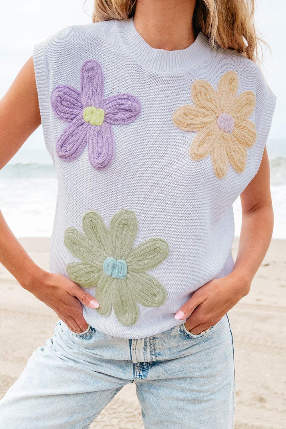 Crochet Flower Round Neck Sweater Vest - Trendsi - Flyclothing LLC
