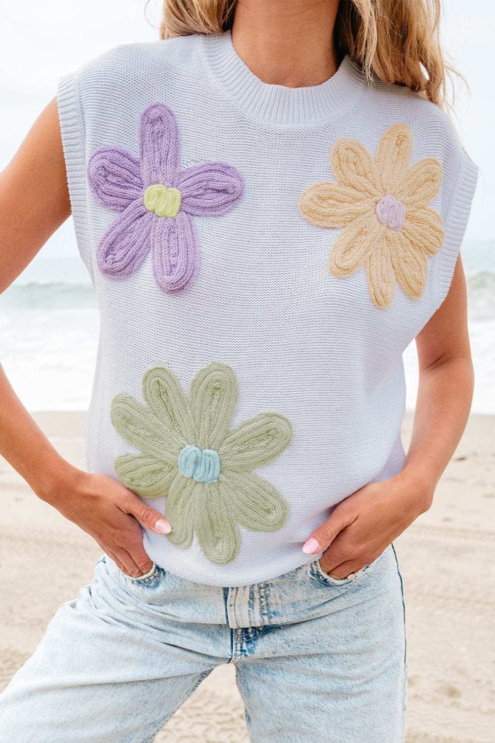 Crochet Flower Round Neck Sweater Vest - Trendsi - Flyclothing LLC