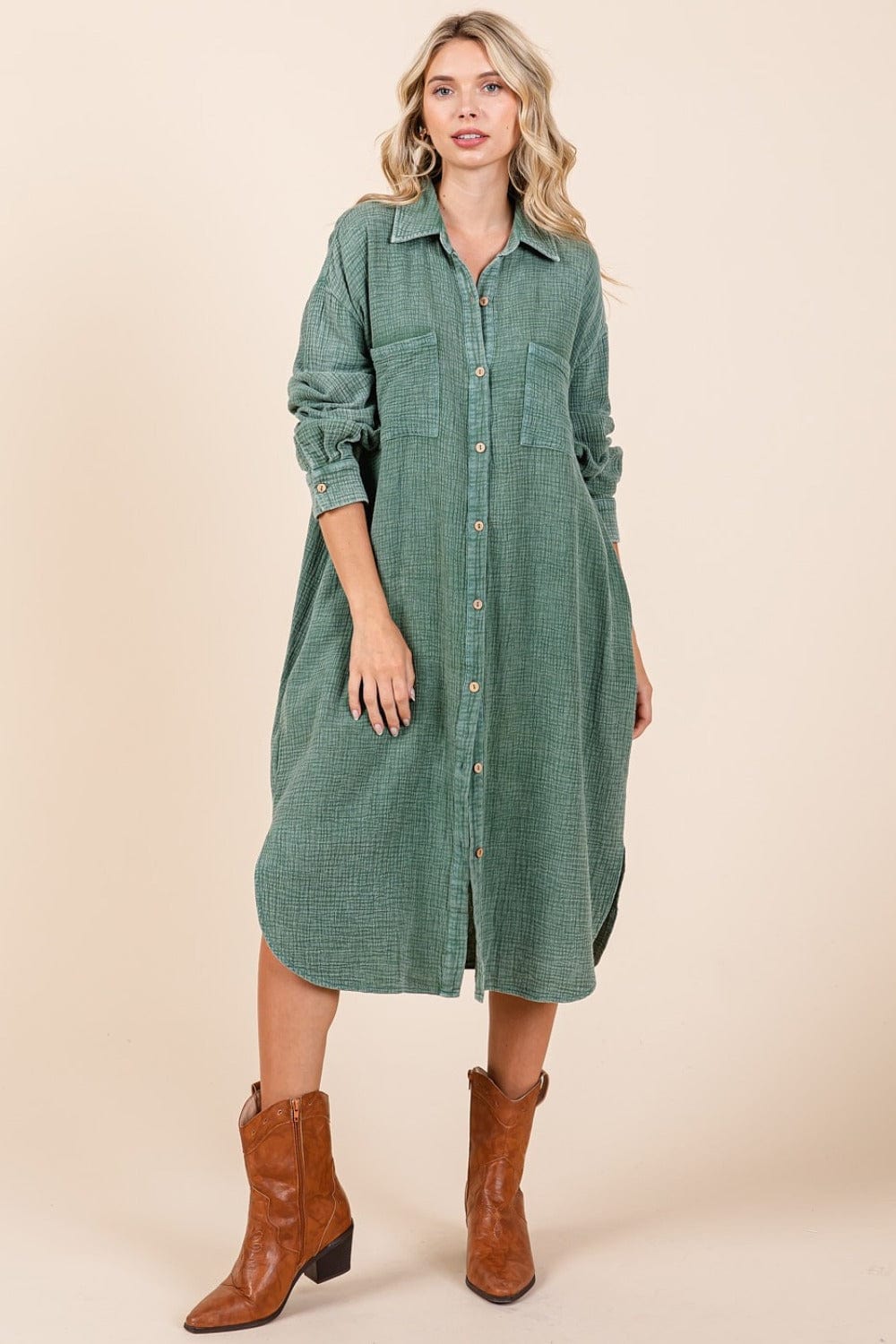 Mittoshop Mineral Wash Cotton Gauze Midi Shirt Dress - Trendsi
