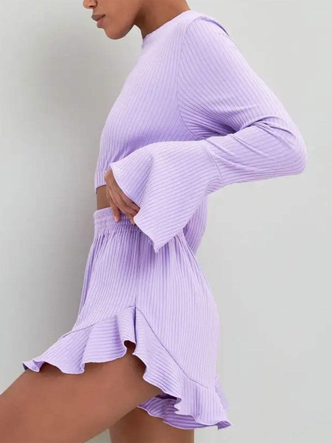 Round Neck Long Sleeve Top and Ruffled Shorts Set - Trendsi - Flyclothing LLC