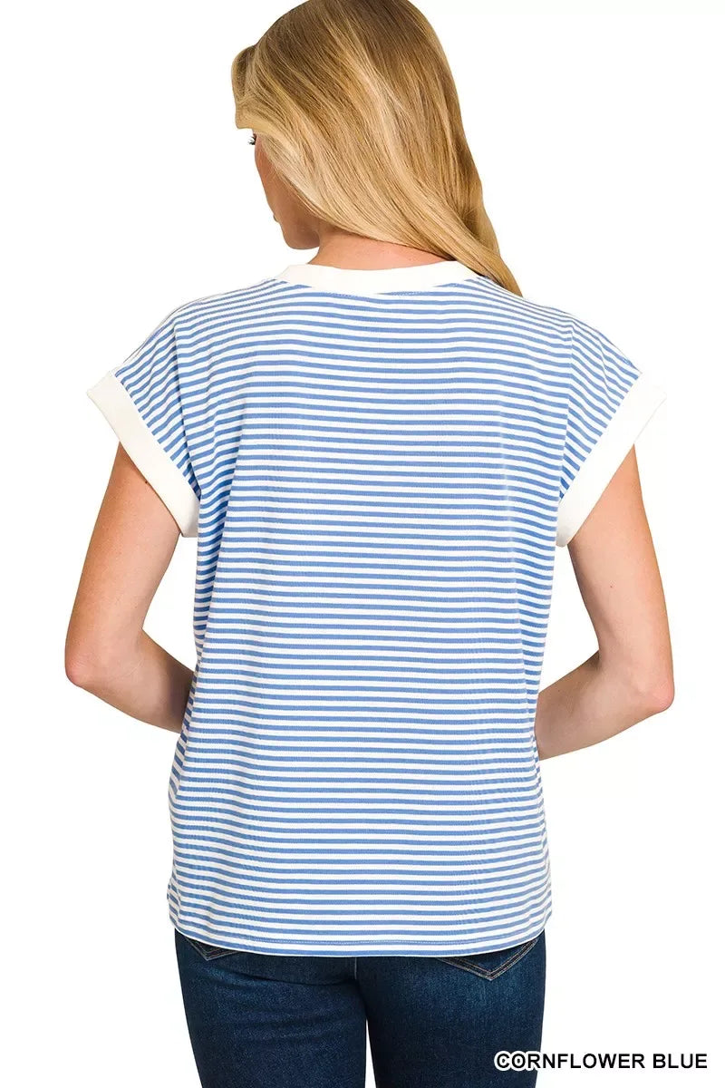 Zenana Striped Round Neck Short Sleeve Contrast Trim T-Shirt - Trendsi - Flyclothing LLC