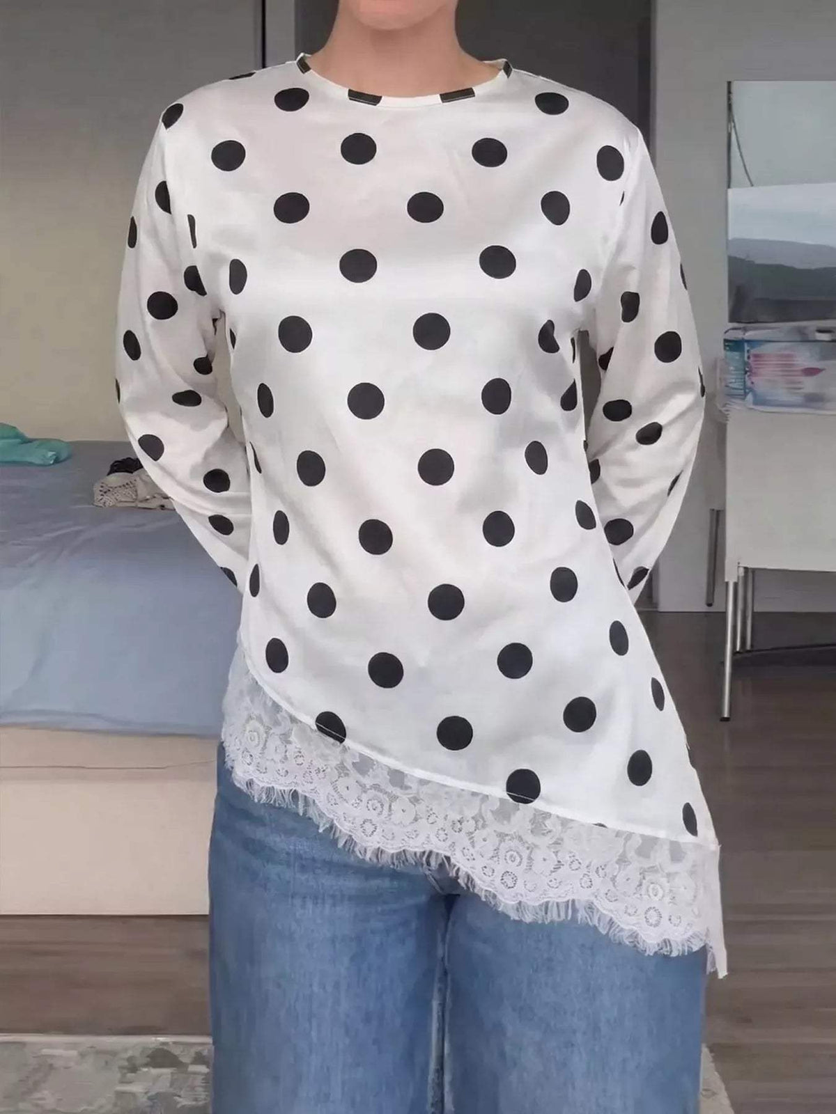 Polka Dot Satin Top with Lace Trim - Trendsi - Flyclothing LLC
