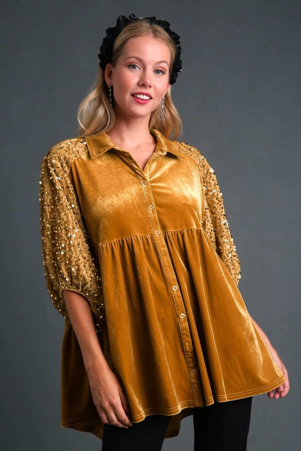 Umgee Sequin Detail Tiered Back Half Sleeve Shirt - Trendsi - Flyclothing LLC