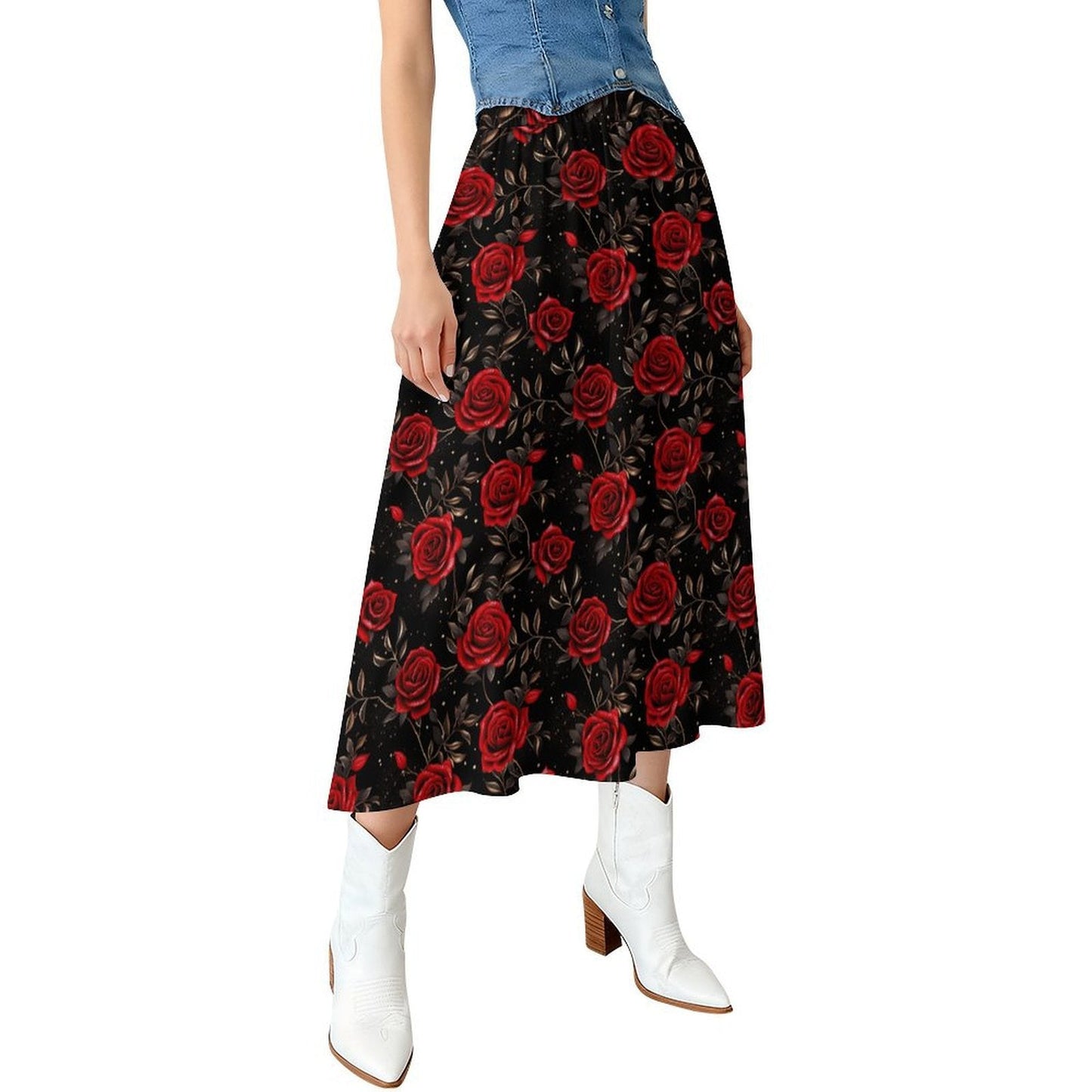 Baha Ranch Colores de Mexico Romantic Red Roses Midi Skirt