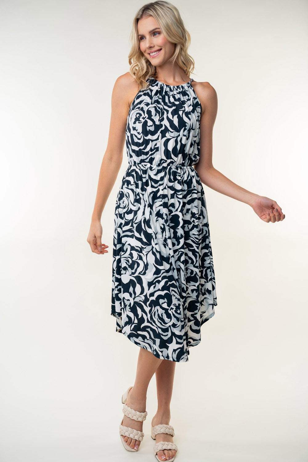 White Birch Tied Ruched Floral Sleeveless Knee Length Dress - Trendsi - Flyclothing LLC