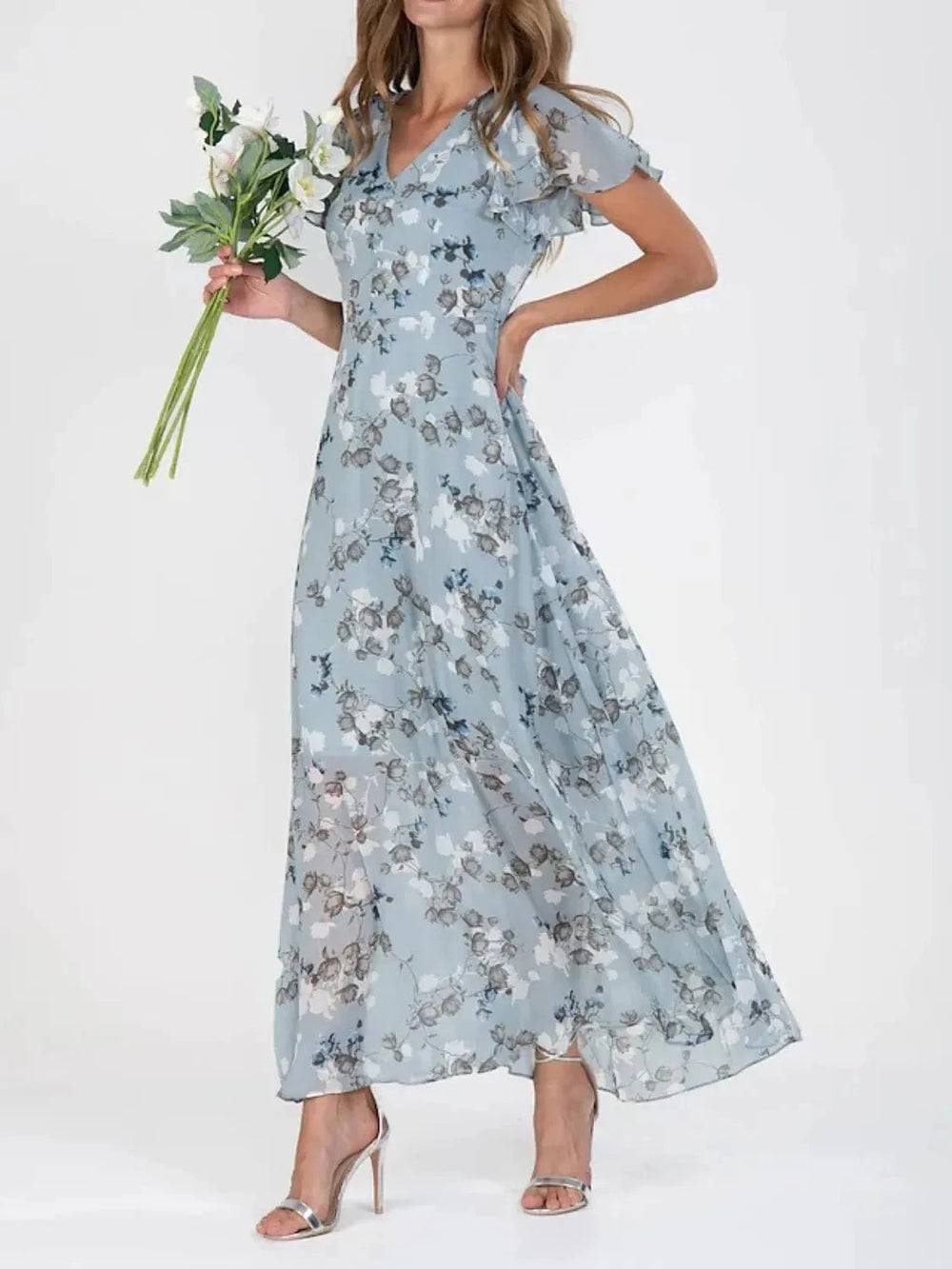 Floral V-Neck Flutter Sleeve Maxi Dress - Trendsi