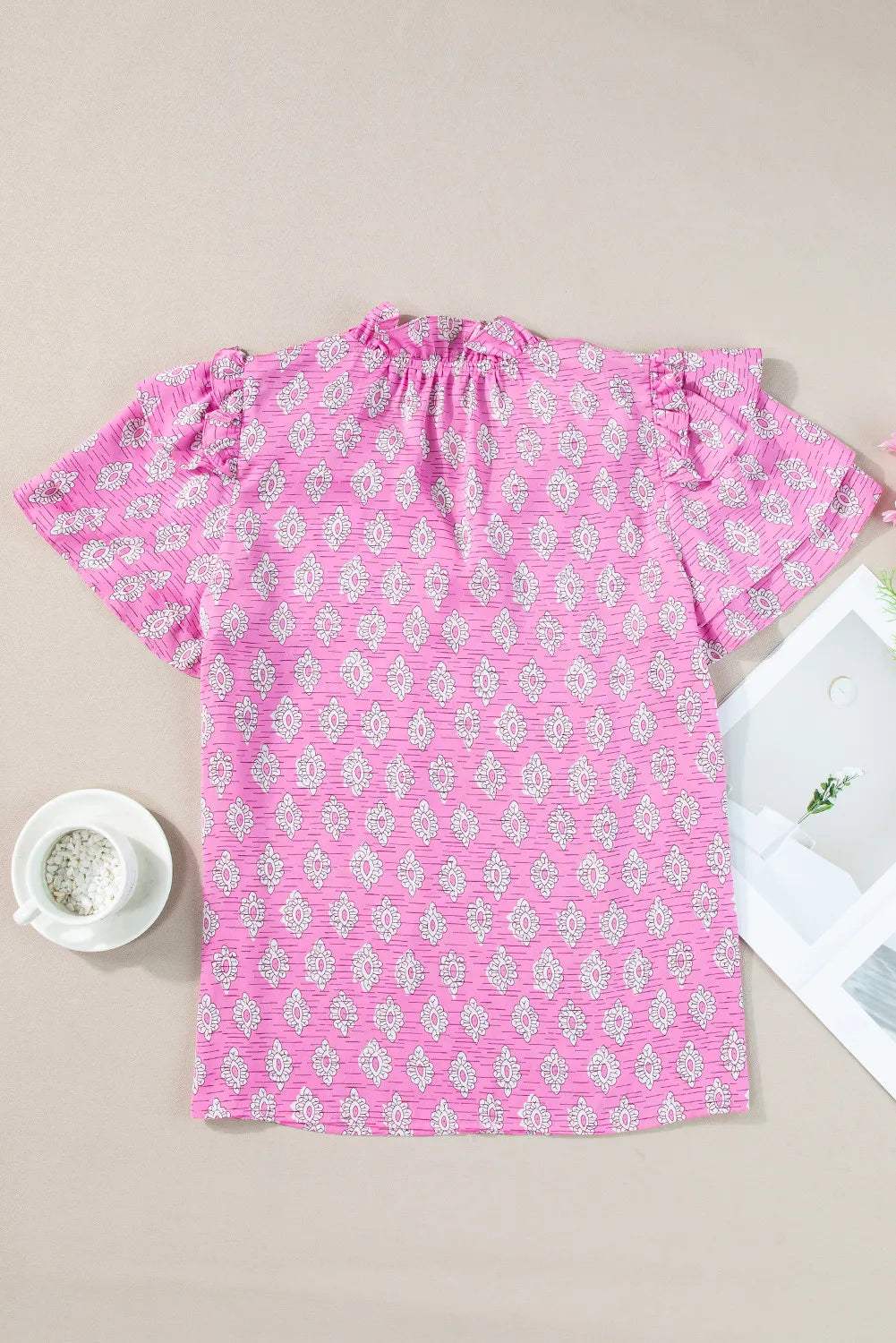 Ruffled Printed Tie Neck Short Sleeve Blouse - Trendsi - Flyclothing LLC