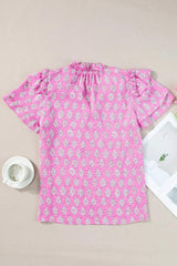 Ruffled Printed Tie Neck Short Sleeve Blouse - Trendsi - Flyclothing LLC