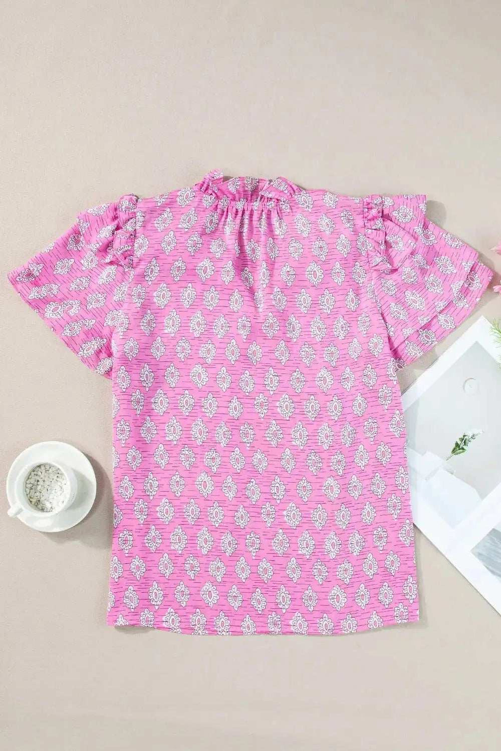 Ruffled Printed Tie Neck Short Sleeve Blouse - Trendsi - Flyclothing LLC