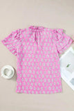 Ruffled Printed Tie Neck Short Sleeve Blouse - Trendsi - Flyclothing LLC